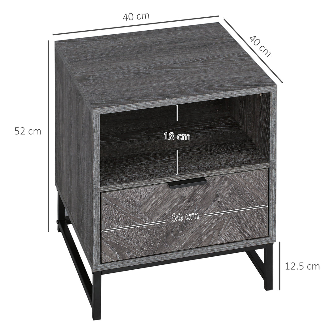 Bedside Table with Drawer and Shelf, Side End Table with Steel Legs for Living Room, Bedroom, Set of 2, Dark Grey