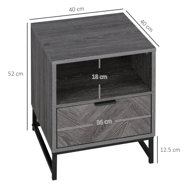 Bedside Table with Drawer and Shelf, Side End Table with Steel Legs for Living Room, Bedroom, Set of 2, Dark Grey