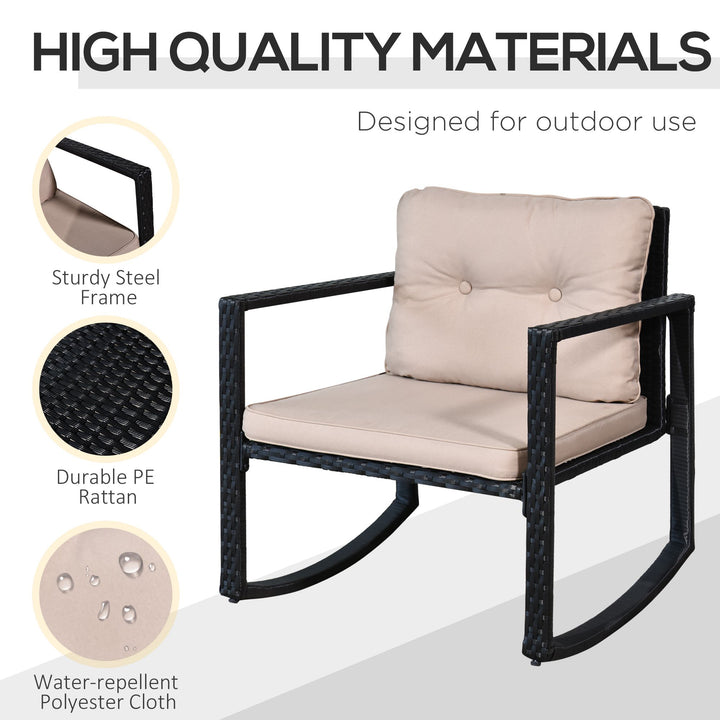 3 Pieces Rattan Garden Rocking Chair Set, Outdoor Rocking Bistro Set w/ 2 Cushioned Armchair and Glass Top Two-tier Coffee Table, Black