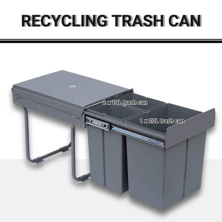 HOMCOM Kitchen Recycle Waste Bin Pull Out Soft Close Dustbin Recycling Cabinet Trash Can Grey (40L (1x20L+2x10L)) | Aosom UK