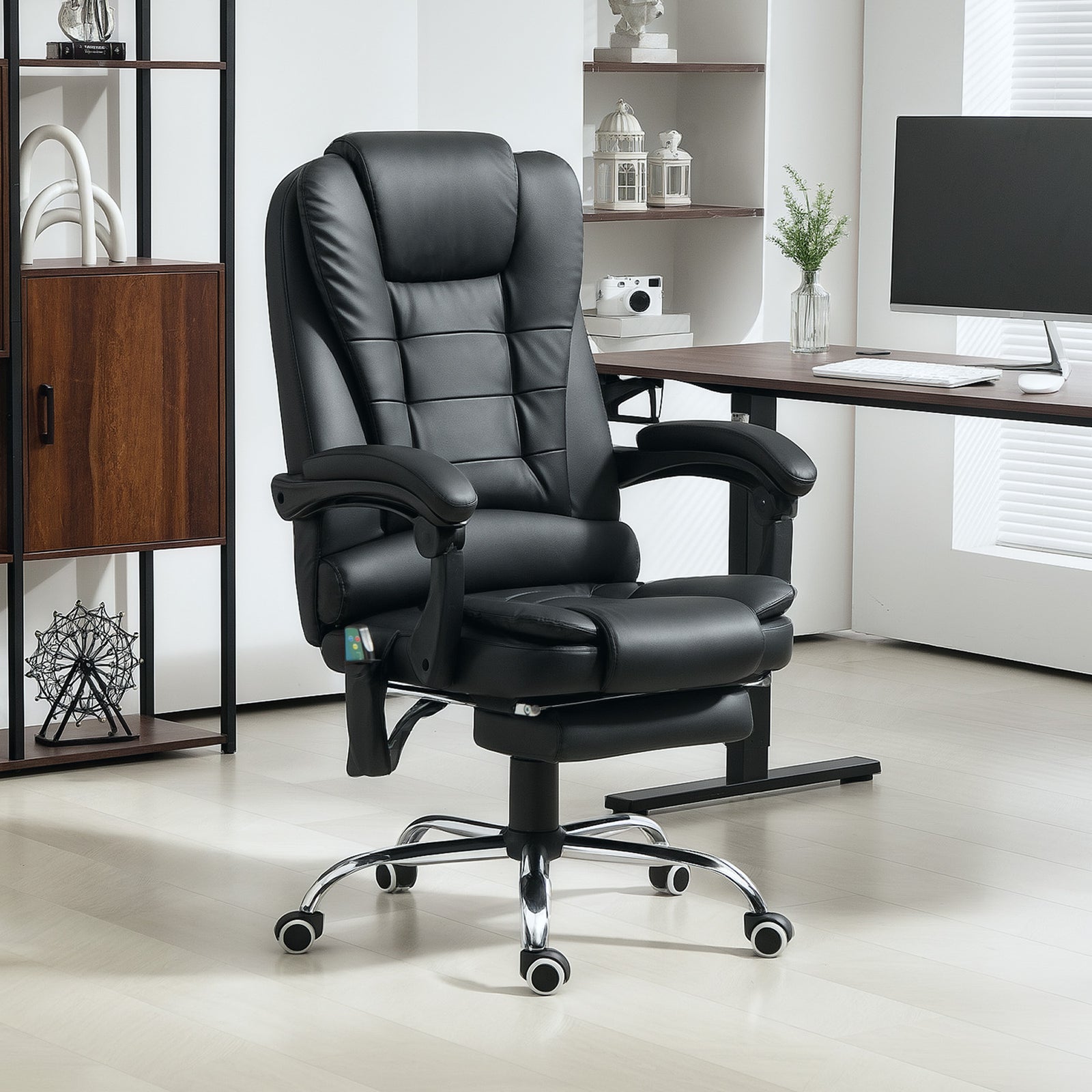 Office Chair with 6 Point Massage and Back Heat, PU Desk Chair with Footrest Adjustable Height and Swivel Wheels, Back Reclining, Black