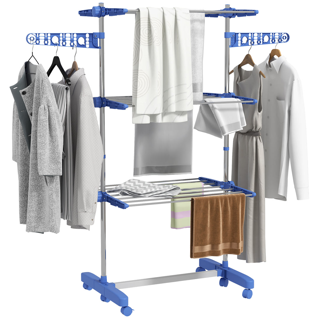 Three-Shelf Collapsing Clothes Horse, With Side Arms and Wheels - Blue