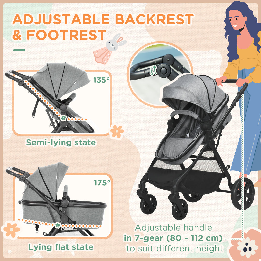 Foldable Baby Stoller, with Reclining Backrest, Adjustable Canopy, for Ages 0-36 Months - Grey