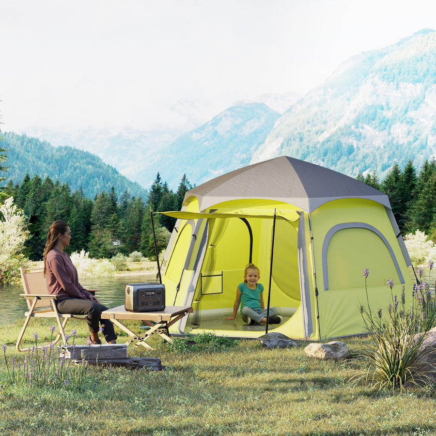 Instant Pop Up Camping Tent, 2/3/4 Person Easy Setup Dome Family Tent with Vestibule, Rainfly, 4 Mesh Windows & 2 Doors, Hexagonal Design, Waterproof & UV Protected, Yellow Green