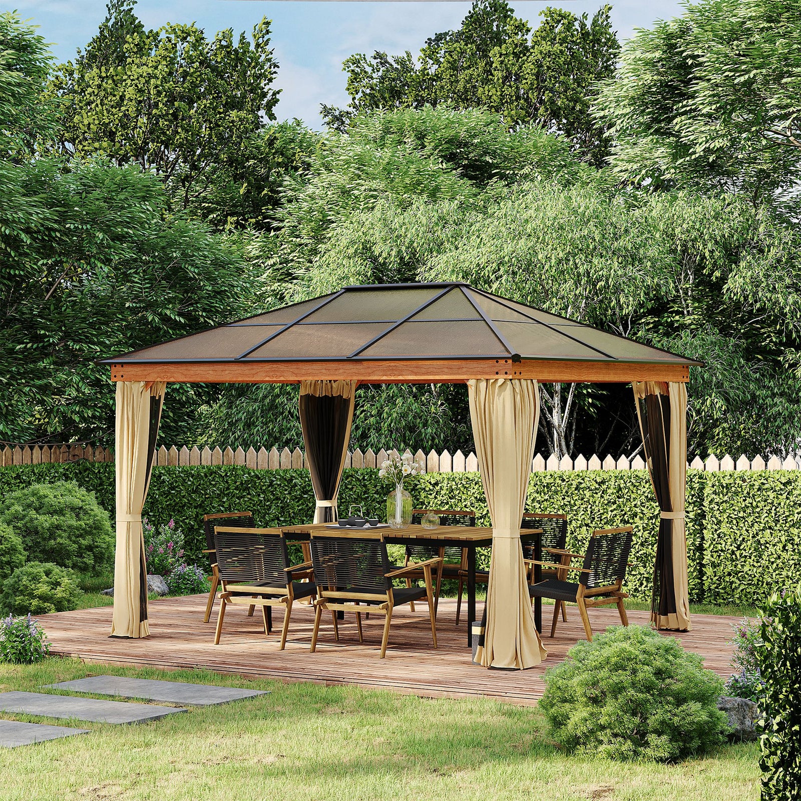 3 x 3.6 m Hardtop Gazebo Canopy, Polycarbonate Roof Garden Pavilion with Aluminium and Steel Frame, Nettings and Sidewalls for Garden, Patio, Khaki