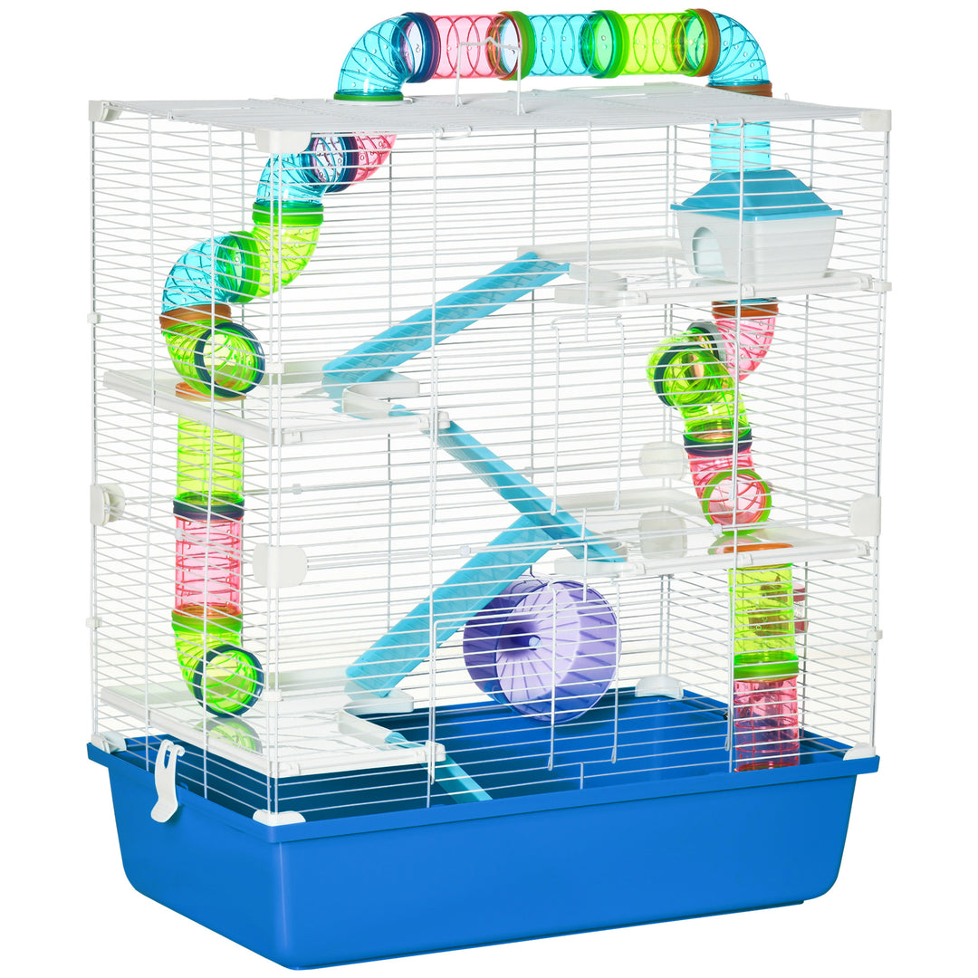 MCL 5 Tier Hamster Cage, Gerbil Cage with Tube, Water Bottle, Exercise Wheel, Food Dish, 59L x 36W x 69H cm - Blue