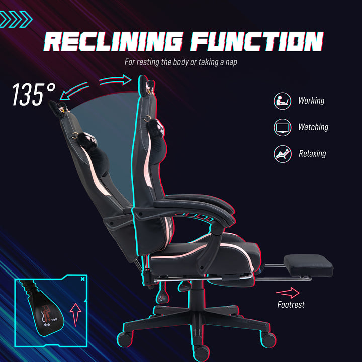 Cat Ear and Paw Reclining Office Chair, with Footrest - Black/Pink