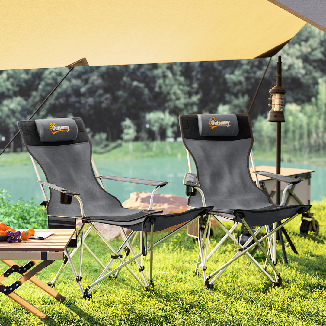 Set of 2 Reclining Folding Camping Chair w/ Detachable Footrest, Storage Bag, Cup Holder & Headrest, Lightweight Portable Camp Chair for Beach, Picnic, Grey and Black