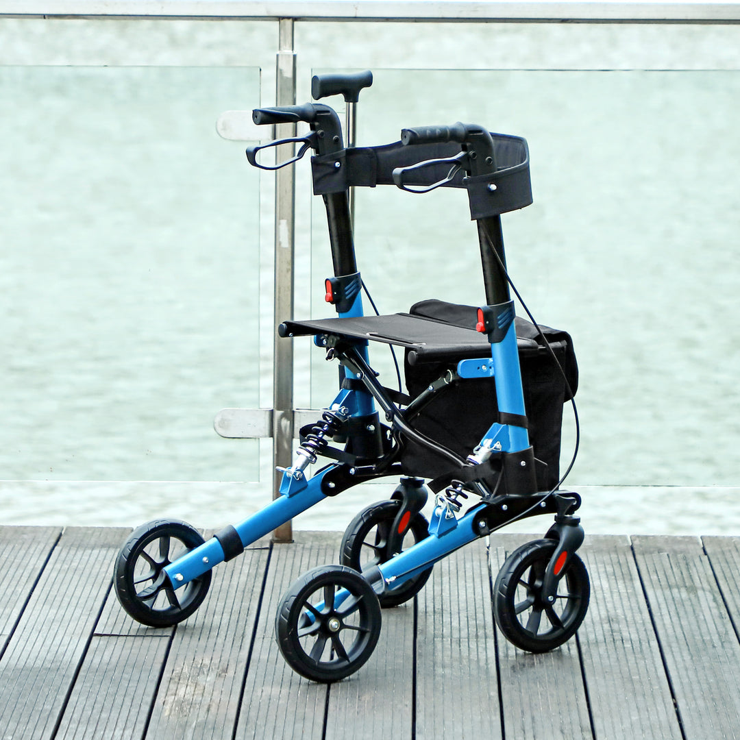 Folding Rollator Walker with Seat, Backrest, Lightweight Walking Frame with Storage Bag, Dual Brakes, Adjustable Handle Height, Suspension System, 4 Wheeled Walker for Seniors, Blue