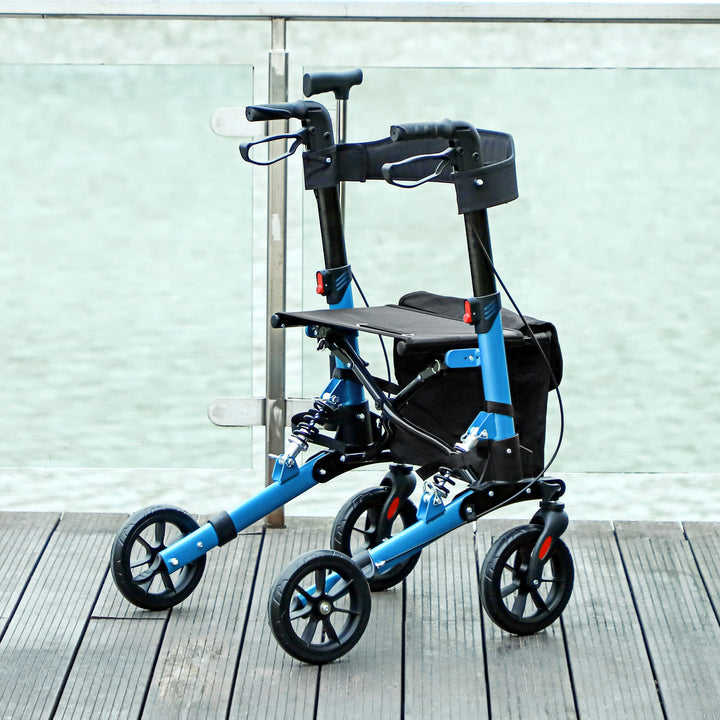 Folding Rollator Walker with Seat, Backrest, Lightweight Walking Frame with Storage Bag, Dual Brakes, Adjustable Handle Height, Suspension System, 4 Wheeled Walker for Seniors, Blue