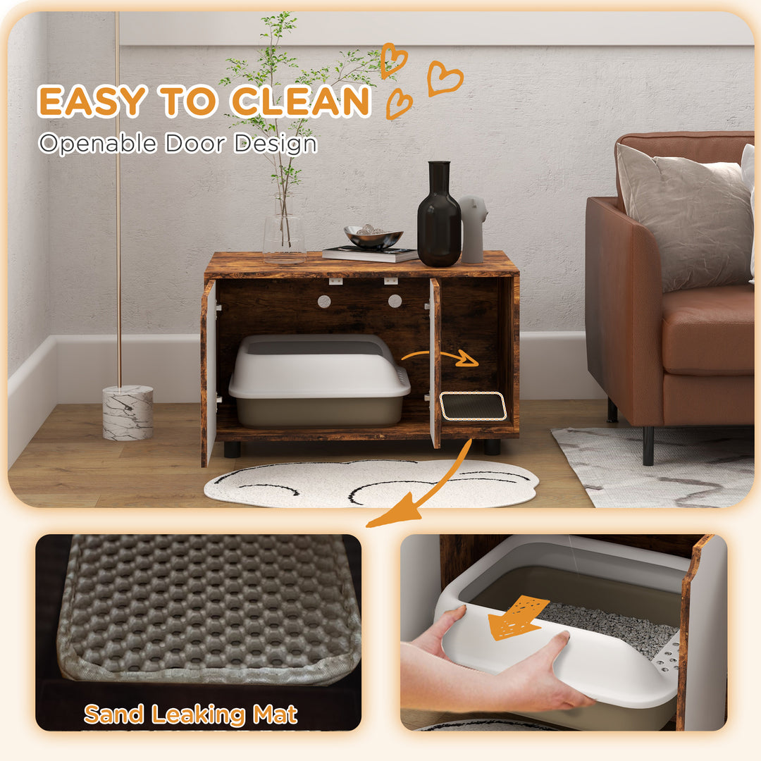 PawHut Hidden Litter Box, Cat Litter Box Furniture 2 in 1 Design w/ Double Doors & Sand Drain Pad for Indoor Use, 80 x 48 x 48cm, Brown | Aosom UK