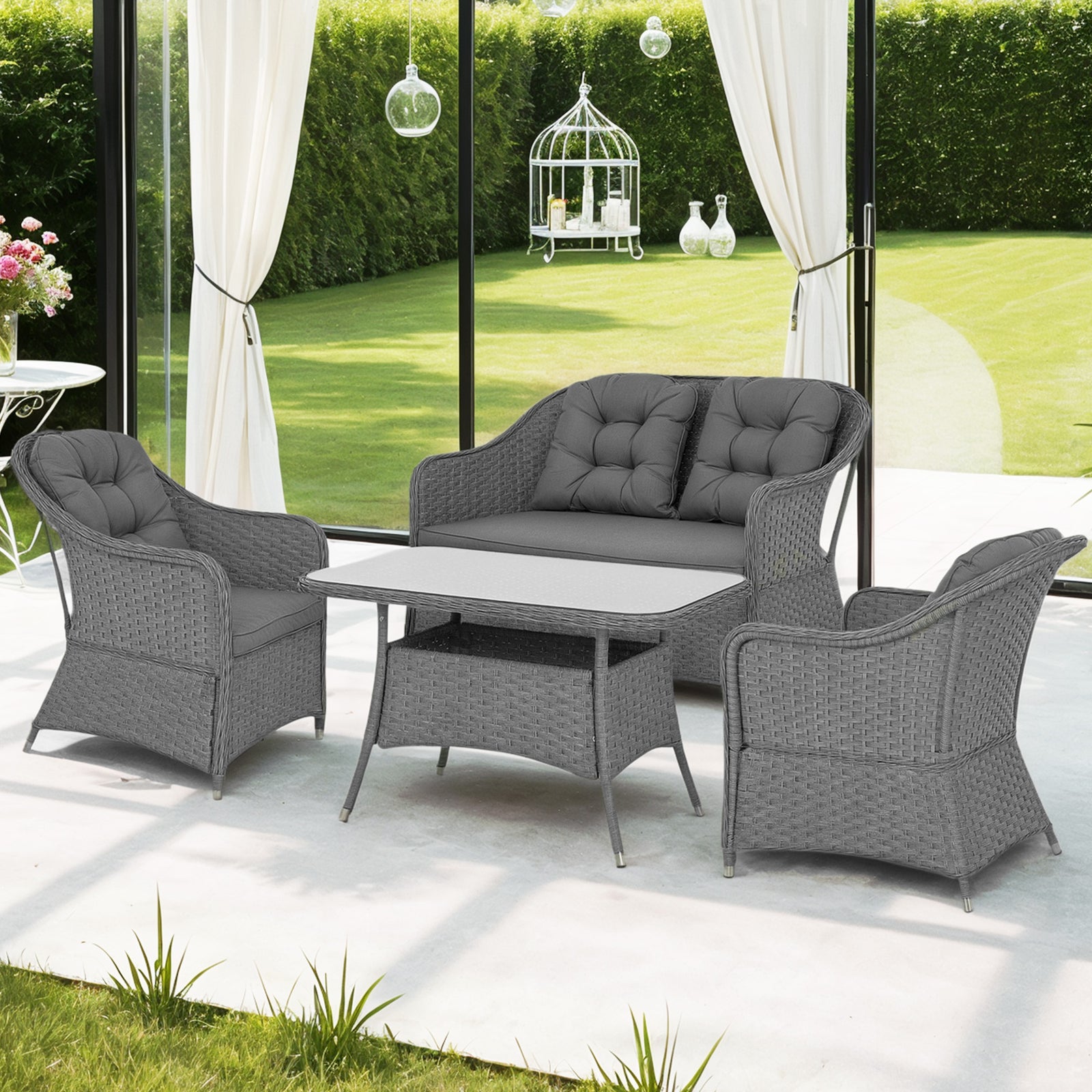 Four-Piece Rattan Set, with Glass-Top Table - Light Grey