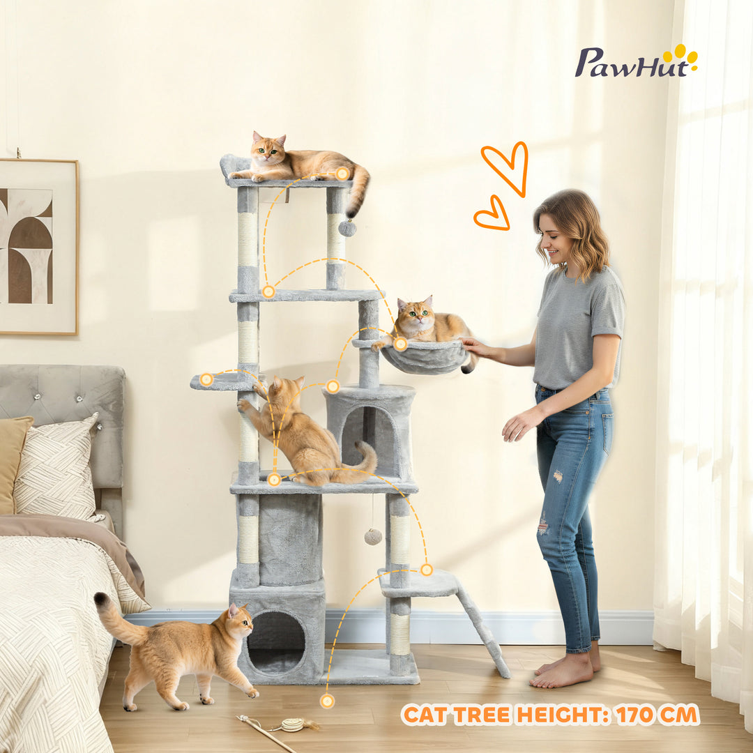 MCL 170 cm Large Cat Tree, Cat Tower with 7 Scratching Posts, Tunnel, 2 Condos, Hammock, Perch, Ramp, Pompoms, Light Grey