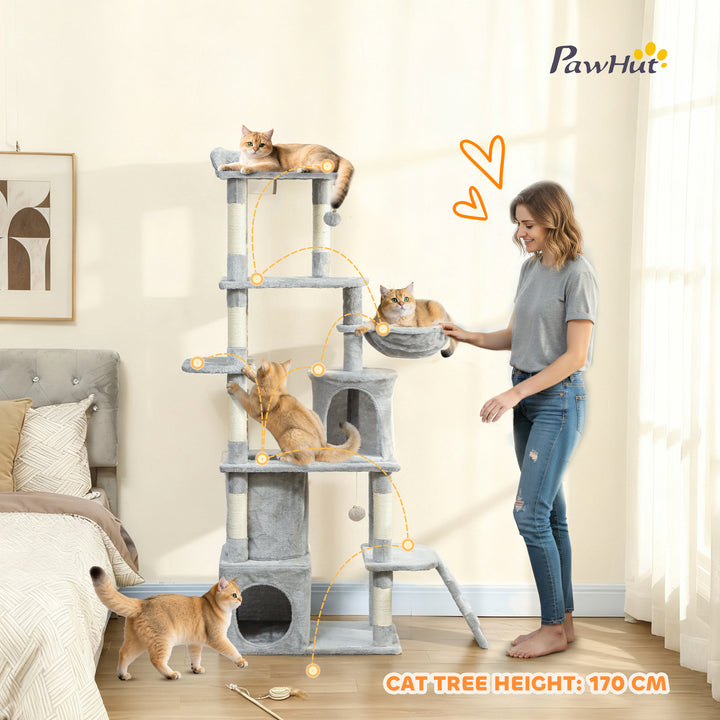 MCL 170 cm Large Cat Tree, Cat Tower with 7 Scratching Posts, Tunnel, 2 Condos, Hammock, Perch, Ramp, Pompoms, Light Grey