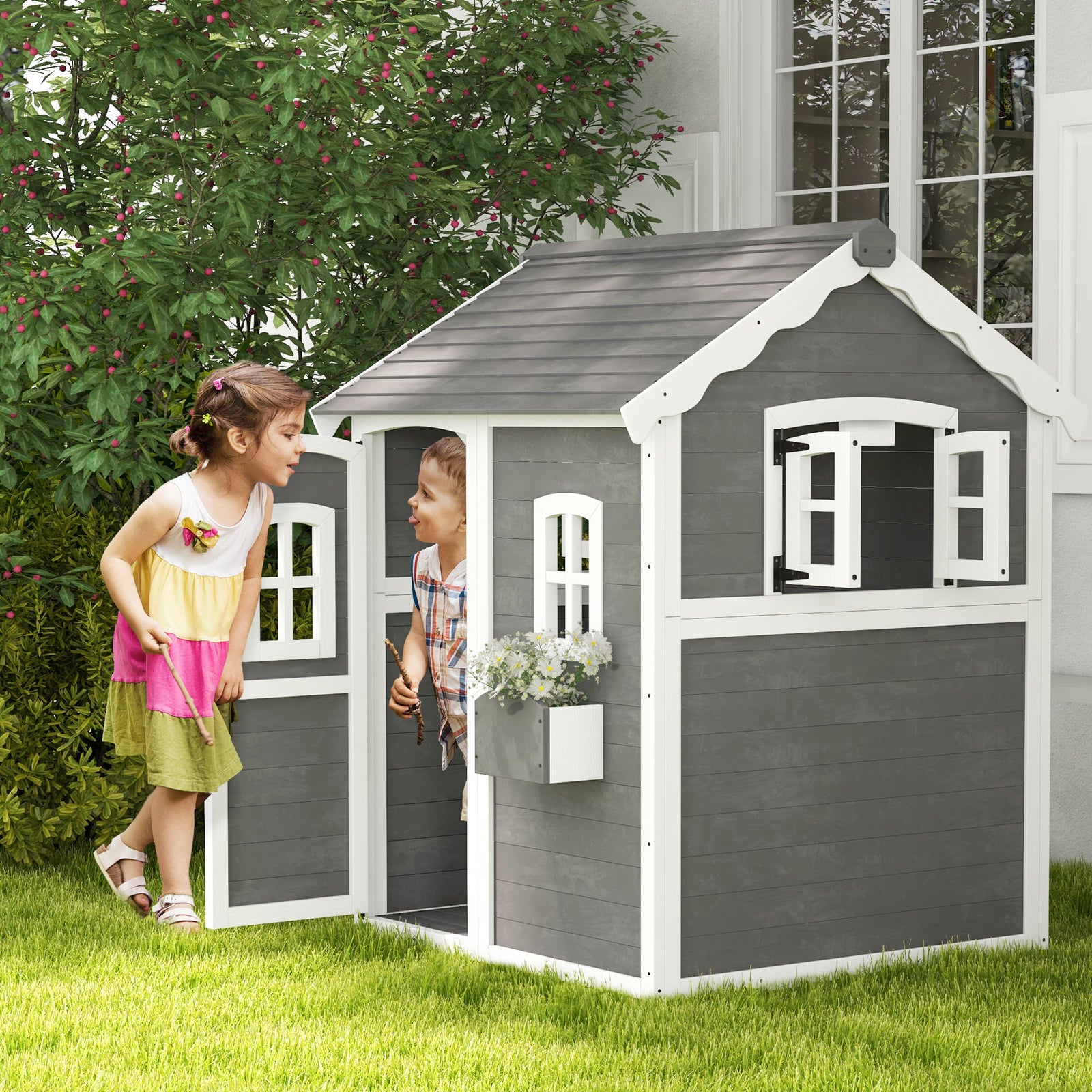 Wooden Playhouse for Kids with Doors, Windows, Plant Box, Floors, for Ages 3-8 Years, for Gardens, Lawns, Patios - Grey