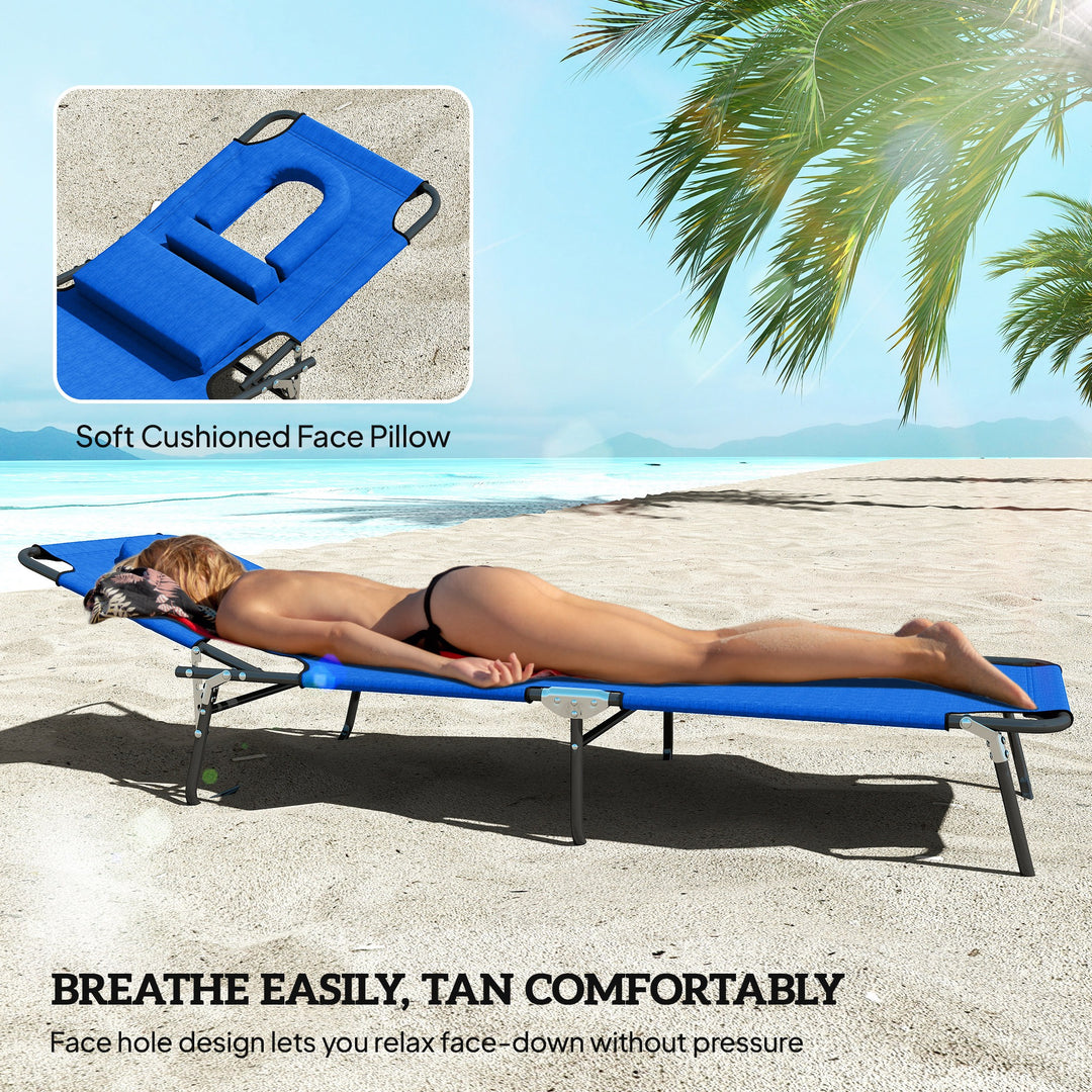 Outdoor Folding Sun Lounger Set of 2 with Face Hole, 4 Level Adjustable Backrest Reclining Garden Lounger, Garden Recliner Sunbed with 600 D Oxford Cloth Seat and Pillow for Beach, Blue
