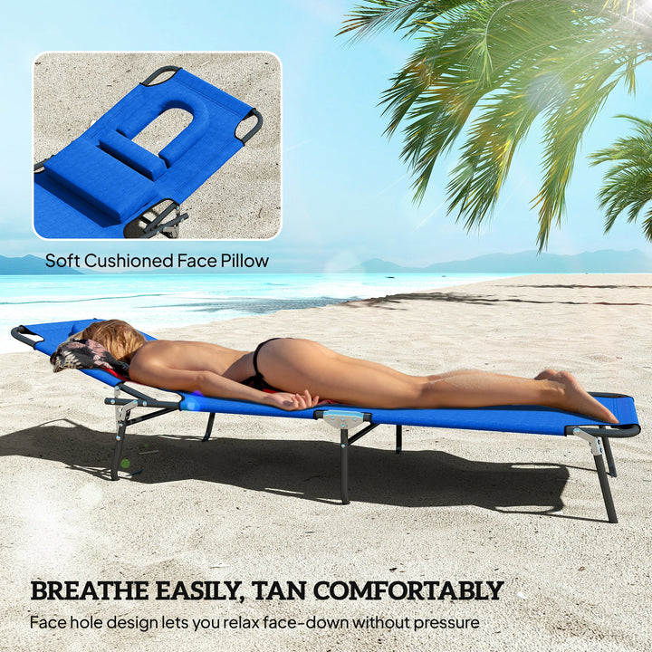 Outdoor Folding Sun Lounger Set of 2 with Face Hole, 4 Level Adjustable Backrest Reclining Garden Lounger, Garden Recliner Sunbed with 600 D Oxford Cloth Seat and Pillow for Beach, Blue