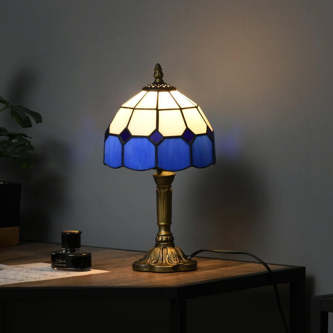 Handmade Stained Glass Table Lamp, Antique Bedside Lamp for Bedroom, Living room, Home, Nightstand, Decorative Night Light, Blue