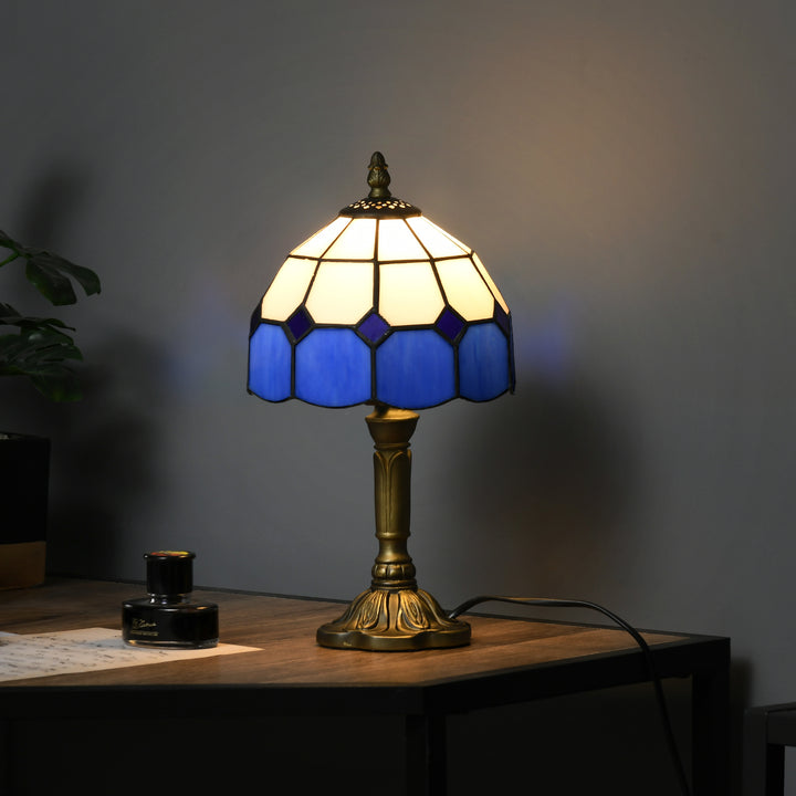 Handmade Stained Glass Table Lamp, Antique Bedside Lamp for Bedroom, Living room, Home, Nightstand, Decorative Night Light, Blue