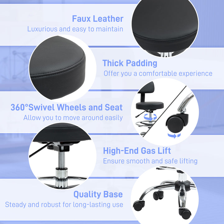 Drafting Chair, Office Chair with Backrest and Adjustable Footrest, Height Adjustable Stool, Leather Padded Rolling Task Chair for Home Office, Black