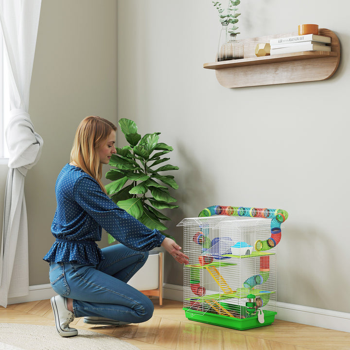 5 Tier Hamster Cage Carrier Habitat with Exercise Wheels Tunnel Tube Water Bottle Dishes House Ladder for Dwarf Mice, Green
