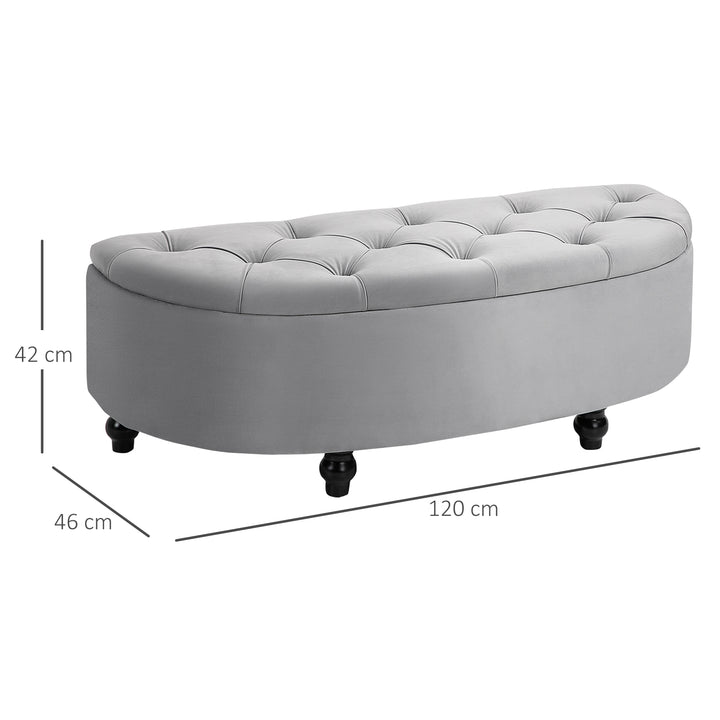 Semi-Circle Ottoman Storage Bench, Bed End Bench, Tufted Upholstered Window Seat Footrest Stool with Rubberwood Legs for Bedroom & Entryway, 120 x 46 x 42 cm, Light Grey