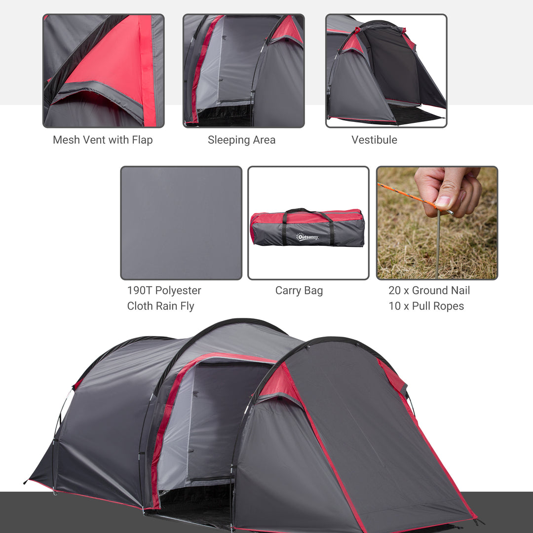 2-3 Person Tunnel Tent with Sewn-in Groundsheet, Air Vents, Rainfly, 2000mm Water Column, Camping Tent with 1 Bedroom, Inbuilt Porch, Living Area for Camping, Hiking, Grey