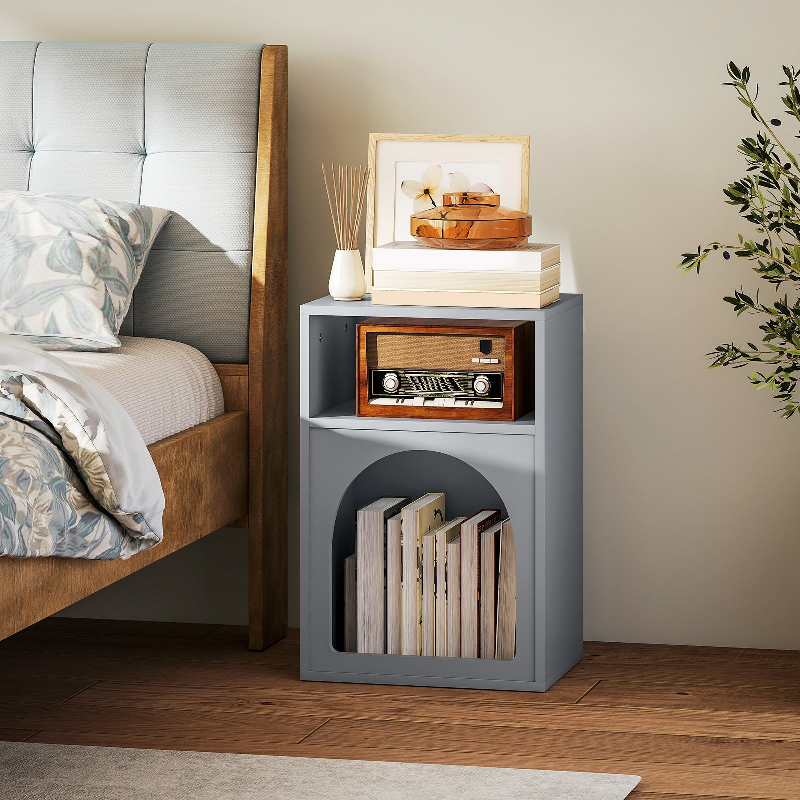 Bedside Table with 2 Open Compartments - Grey