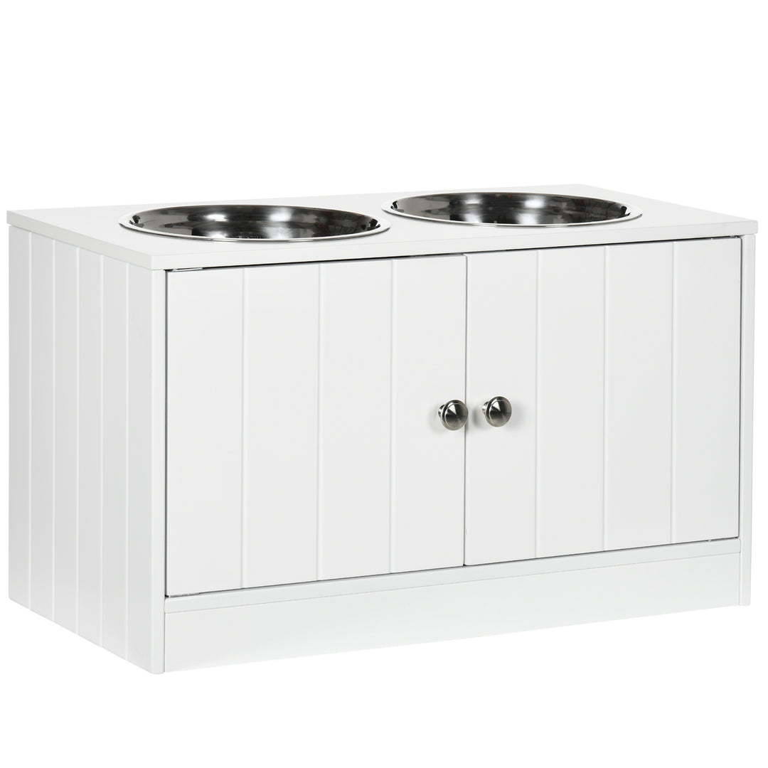 Raised Pet Feeder, with Two Bowls, Storage - White