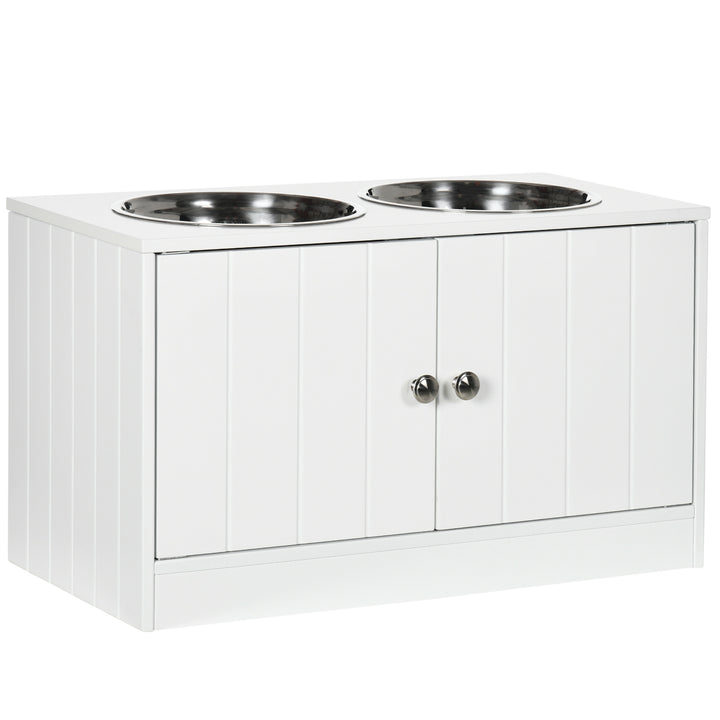 Raised Pet Feeder, with Two Bowls, Storage - White