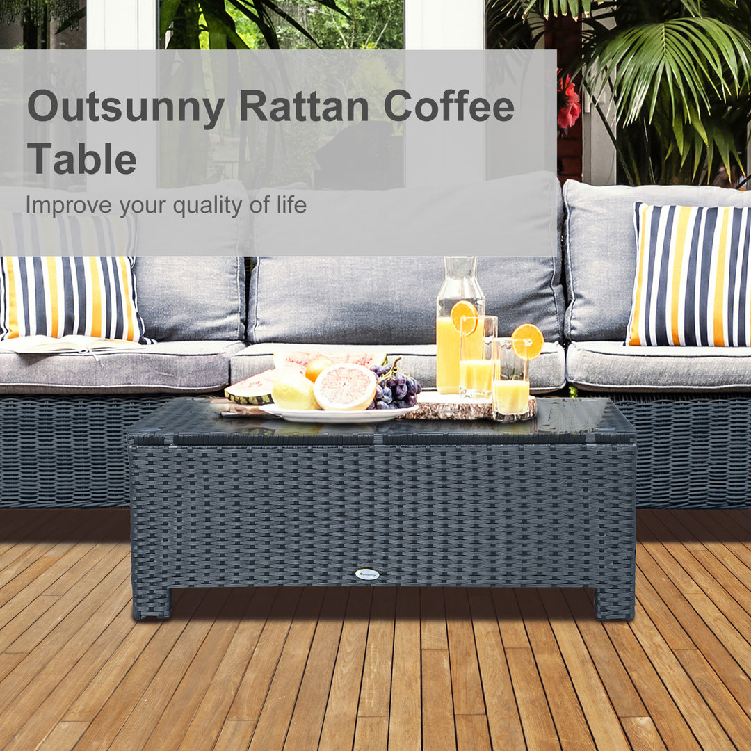 Outsunny Rattan Garden Furniture Coffee Table Patio Iron Frame Tempered Glass (Black)
