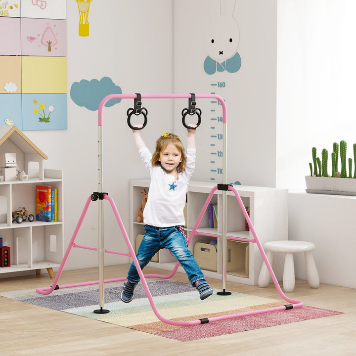 Adjustable Height, Foldable Kids Gymnastics Bar w/ Non-slip Rubber Floor Rings, for 3+ Years