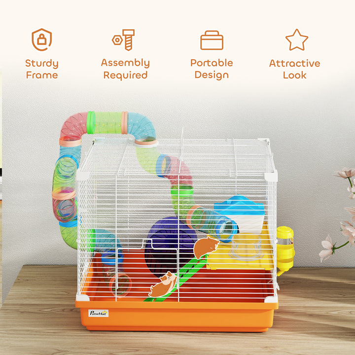 2 Tier Hamster Cage, Gerbil Cage with Handle, Exercise Wheels, Tunnel,