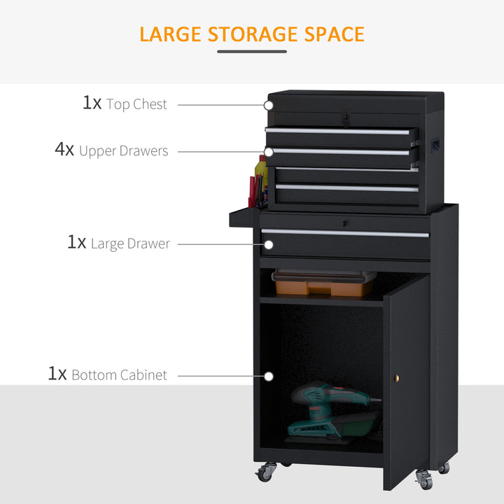 Tool Chest 2 in 1 Metal Tool Cabinet Storage Box with 5 Drawers Pegboard Wheels 60x28x104.5cm Black