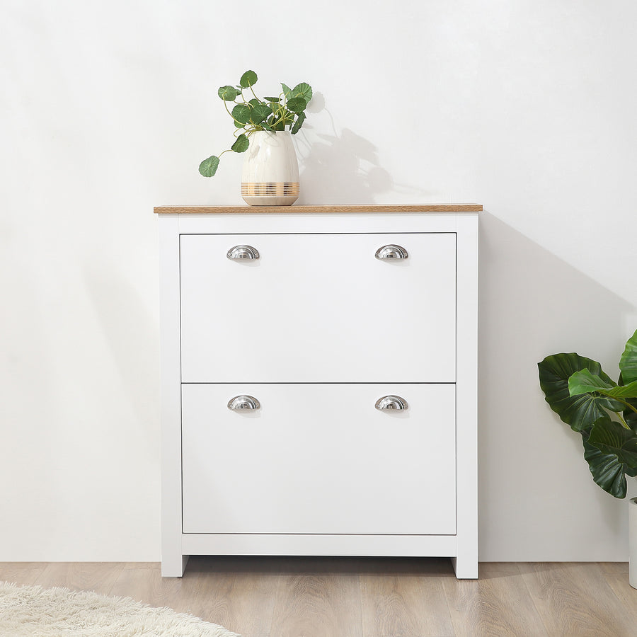 2 Drawer Shoe Cabinet Modern Narrow Shoe Cupboard Hallway Wooden Storage Organiser with Flip Doors Adjustable Shelf for 6-12 Pairs, White