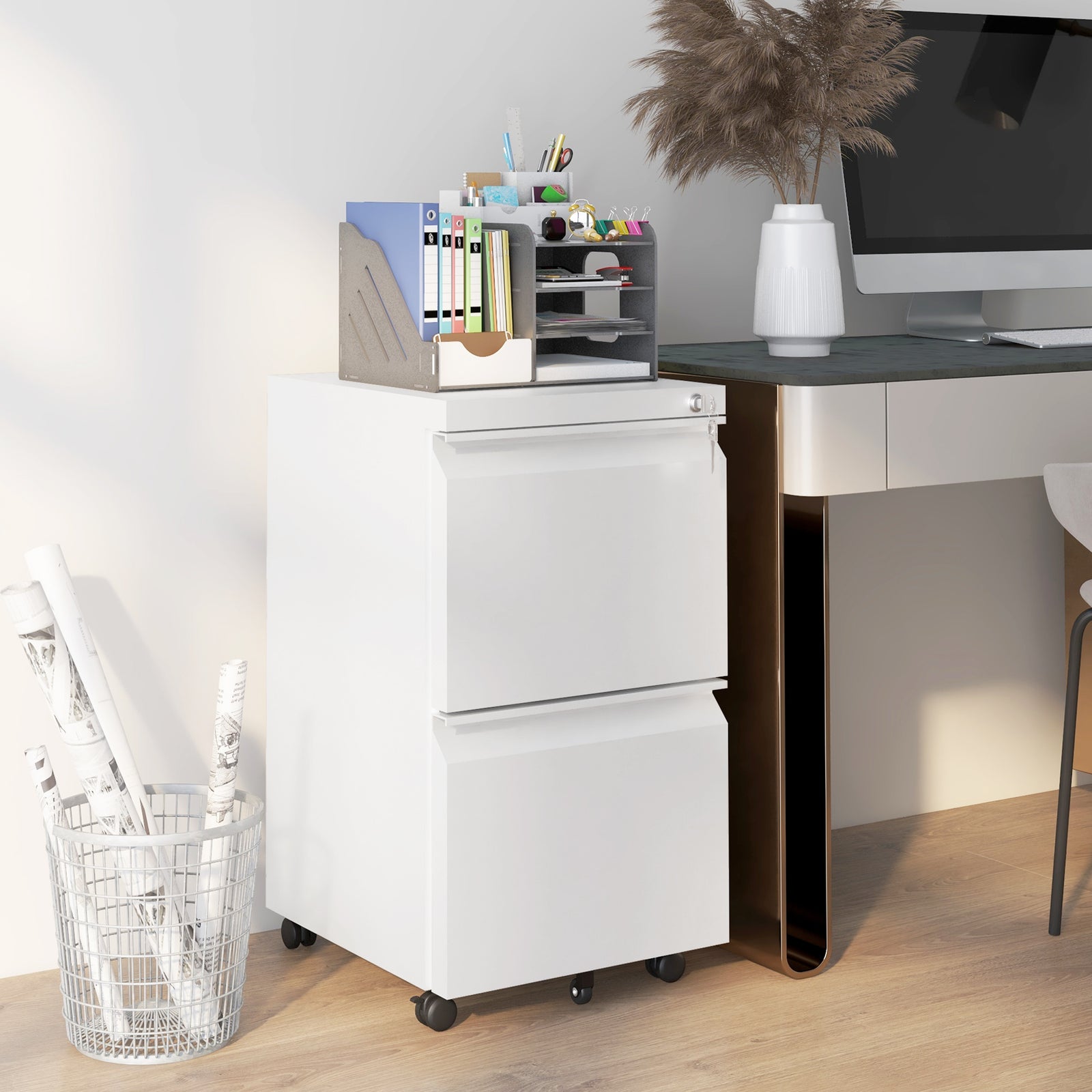 2-Drawer Mobile Filing Cabinet, Steel Lockable File Cabinet for Letter, A4 and Legal Size, Pre-Assembled Body, White