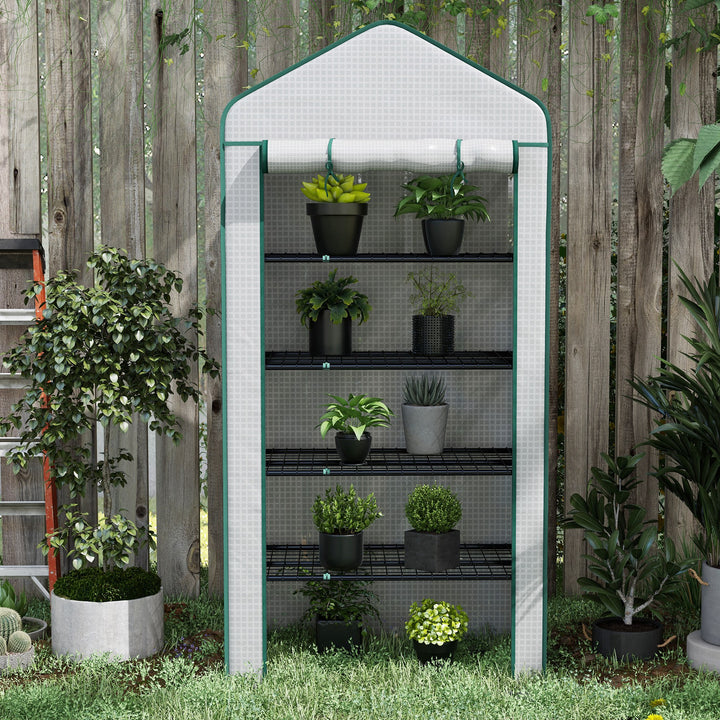 5 Tier Widened Mini Greenhouse with Reinforced PE Cover, Portable Indoor Outdoor Green House with Roll-up Door and Wire Shelves, 193H x 90W x 49Dcm, White