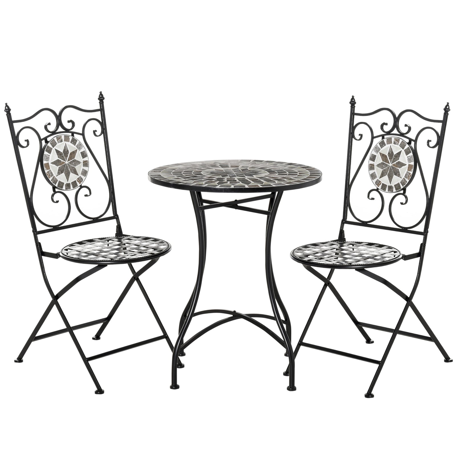 3 Pcs Mosaic Tile Garden Bistro Set Outdoor Seating w/ Table 2 Folding Chairs Set Metal Frame Elegant Scrolling Indoor Patio Balcony