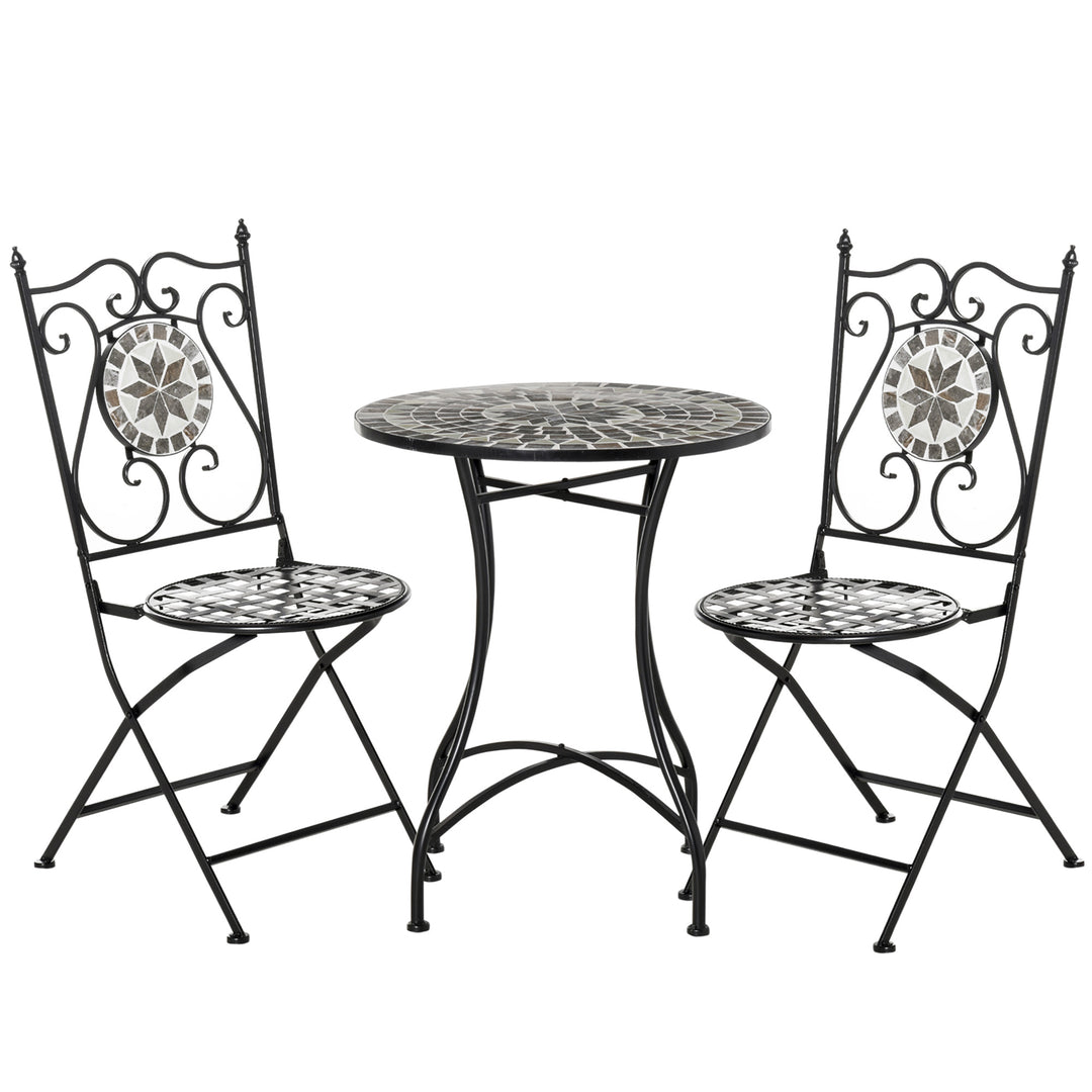 MCL 3 Pcs Mosaic Tile Garden Bistro Set Outdoor Seating w/ Table 2 Folding Chairs Set Metal Frame Elegant Scrolling Indoor Patio Balcony