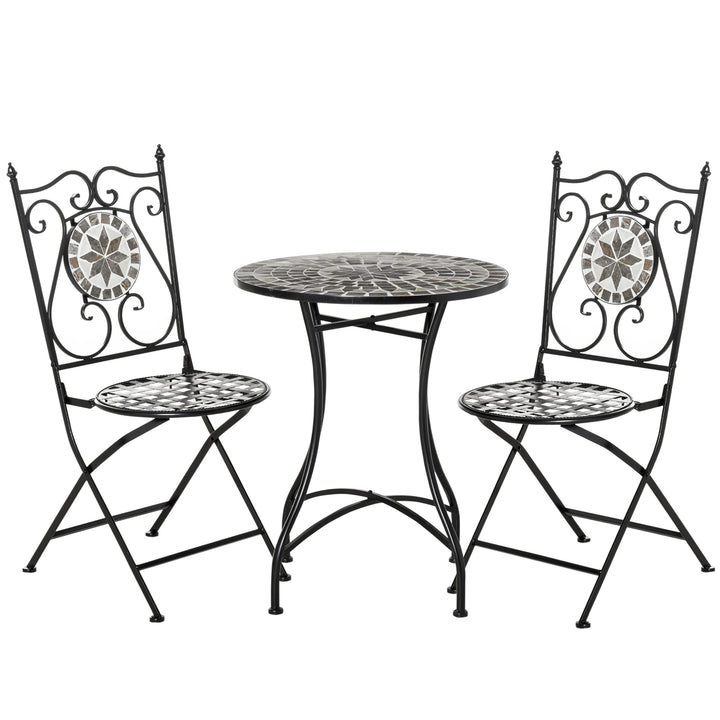MCL 3 Pcs Mosaic Tile Garden Bistro Set Outdoor Seating w/ Table 2 Folding Chairs Set Metal Frame Elegant Scrolling Indoor Patio Balcony