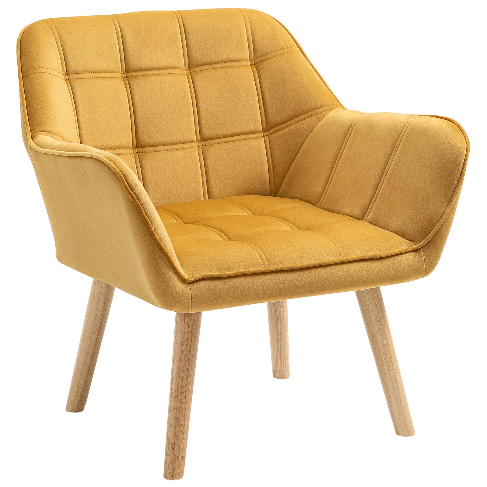Modern Armchair, Accent Chair with Wide Arms, Slanted Back and Rubber Wood Legs for Living Room, Bedroom, Home Office Yellow