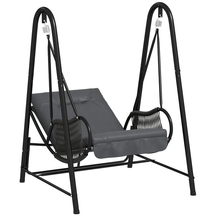 Rattan Swing Chair, Outdoor Garden Hanging Swing Seat with Stand and Seat Cushion, Porch Hanging Chair for Balcony, Garden, Deck, Dark Grey