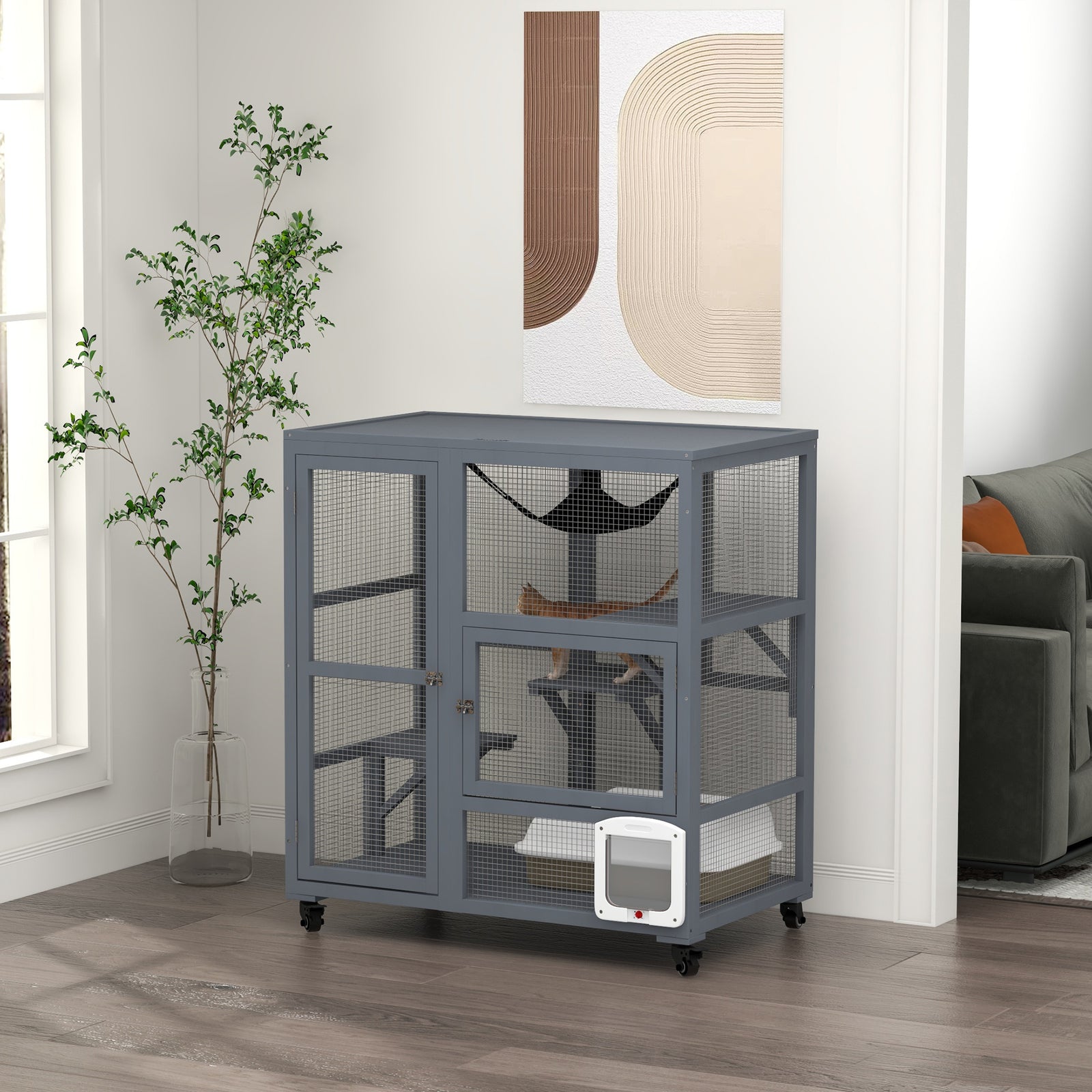 Cat House, Wooden Indoor Catio Cat Enclosure on Wheels, Wooden Kitty Cage with Platforms, Hammock, Light Grey
