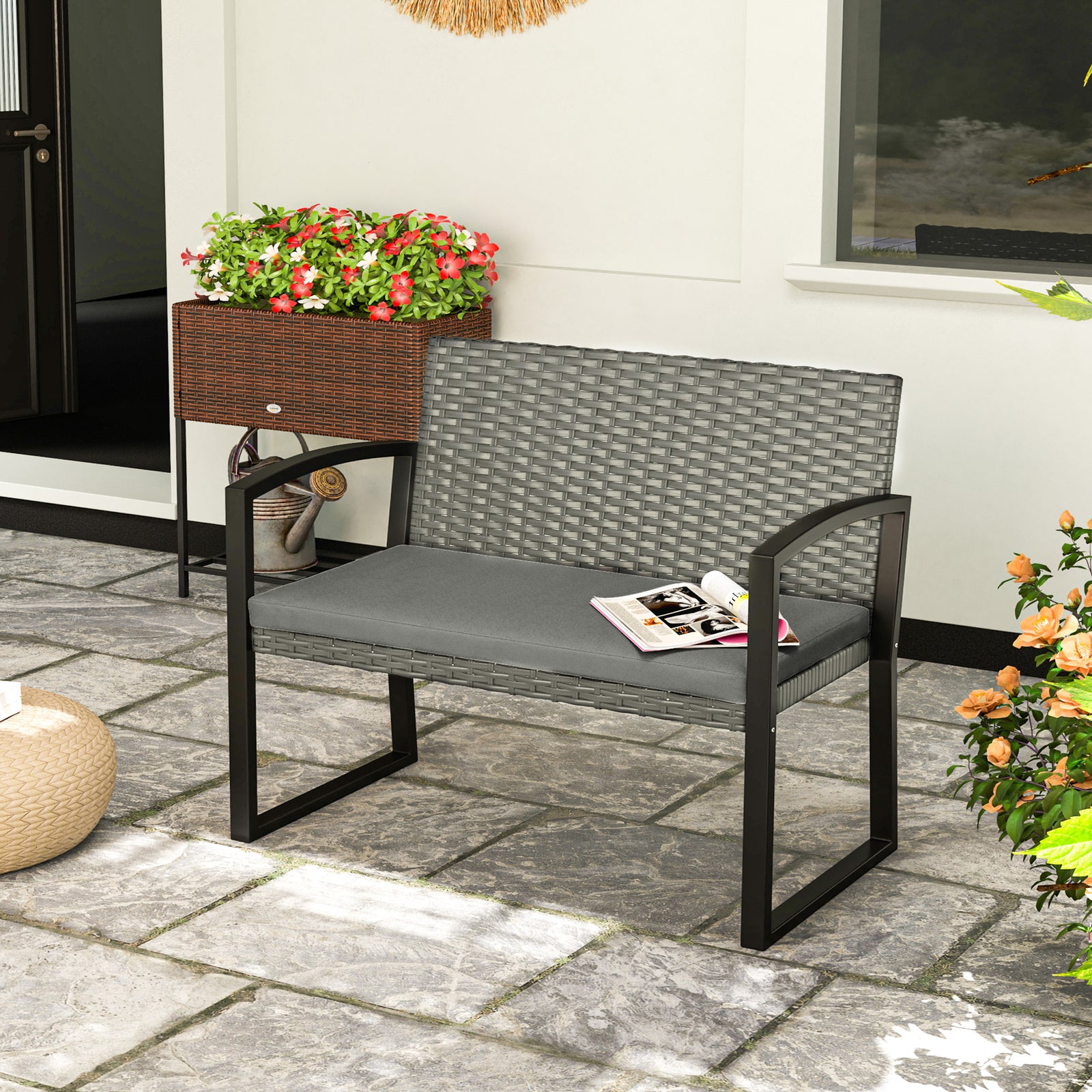 Two-Seater Rattan Garden Bench - Grey/Black