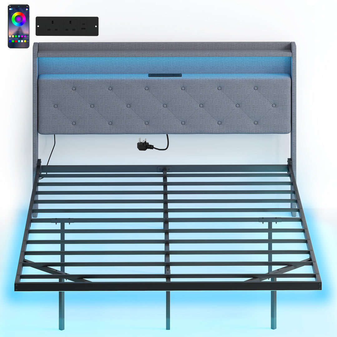 Floating Bed Frame, Upholstered 5ft King Size Bed, Platform Bed with R