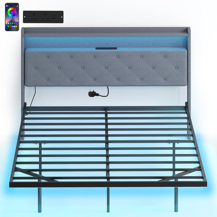 Floating Bed Frame, Upholstered 5ft King Size Bed, Platform Bed with R