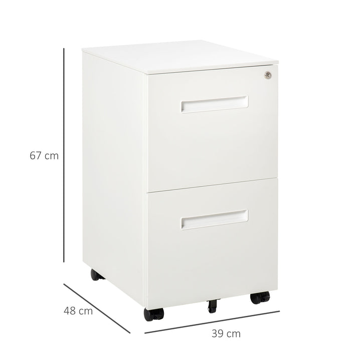 Metal Mobile File Cabinet with Wheels, Lockable 2 Drawer Filing Cabinet for A4, Legal, Letter, Compact Under Desk Storage Unit with Pre-Assembled Body for Home Office, 39 x 48 x 67cm, White