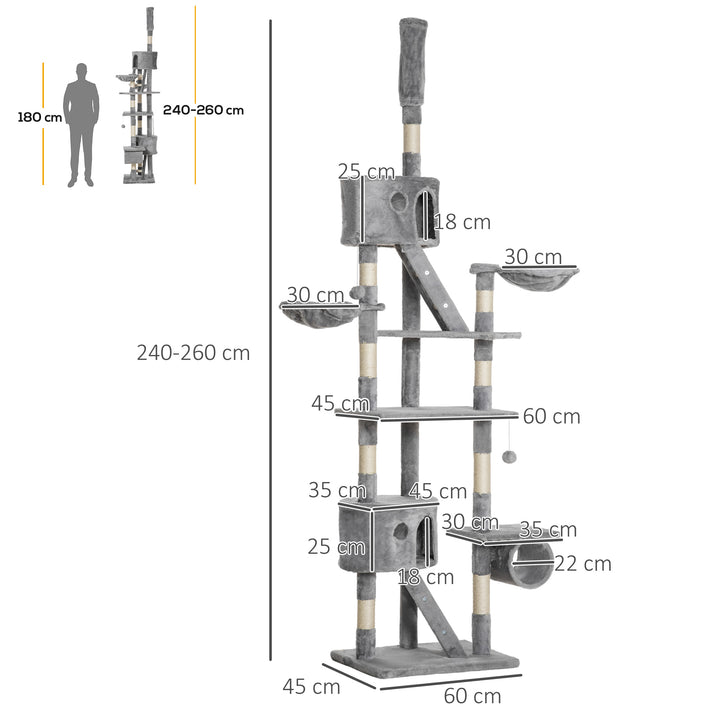 PawHut Floor to Ceiling Cat Tree for Indoor Cats 240-260cm Adjustable Height Light Grey | Aosom UK