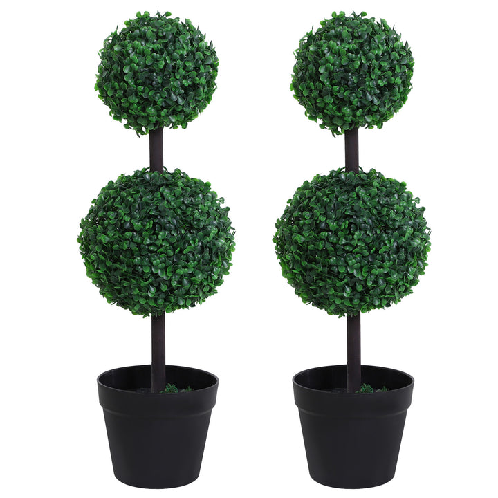 Outsunny Set of 2 Artificial Boxwood Ball Topiary Trees Potted Decorative Plant Outdoor and Indoor Décor (67cm) | Aosom UK