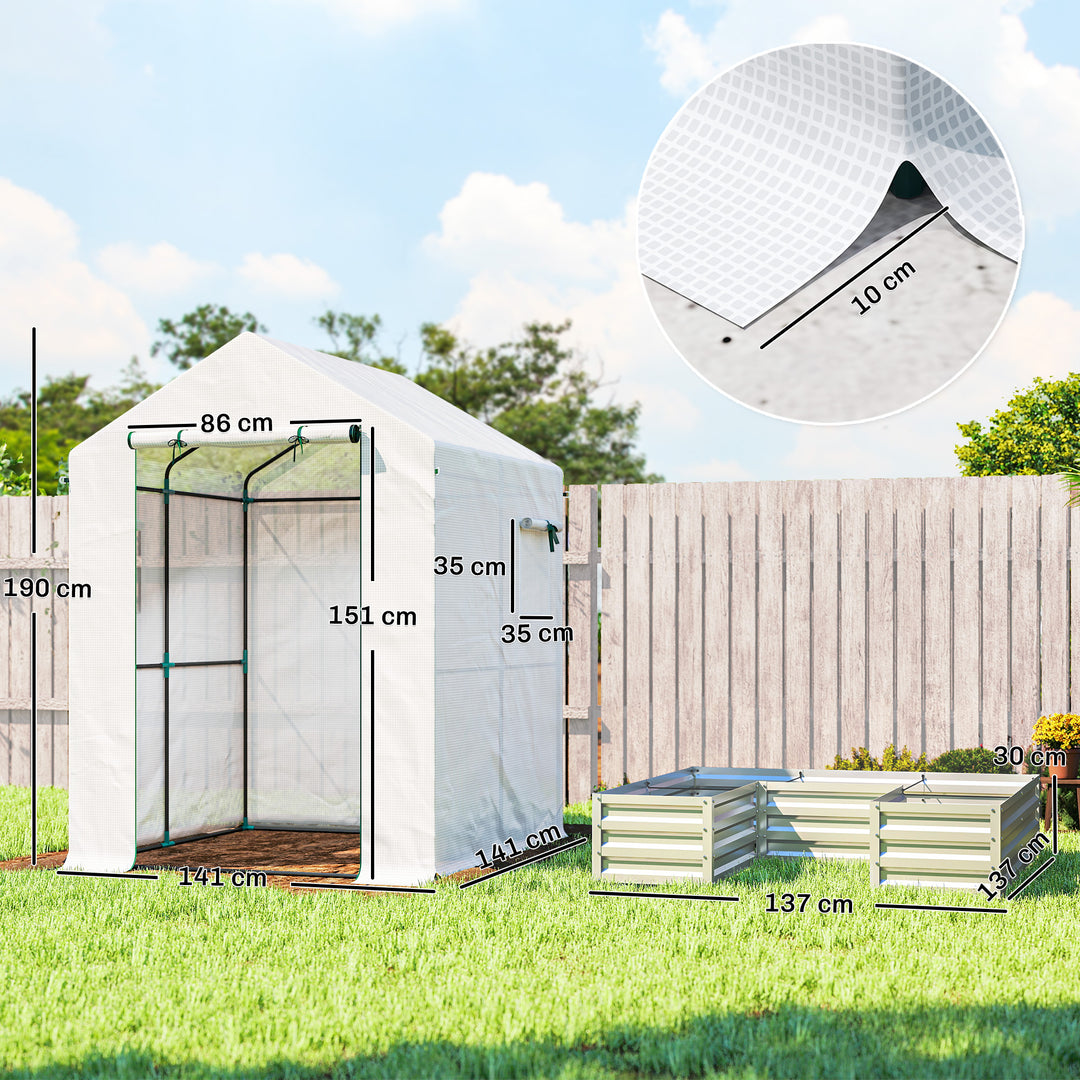 Small Greenhouse with Raised Garden Bed, Galvanised Walk-in Greenhouse with Roll Up Windows, 141 x 141 x 190 cm